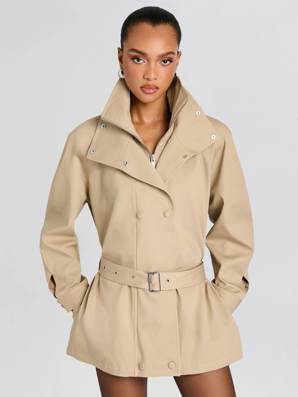 Tailored Short Trench Coat with Belt in Beige
